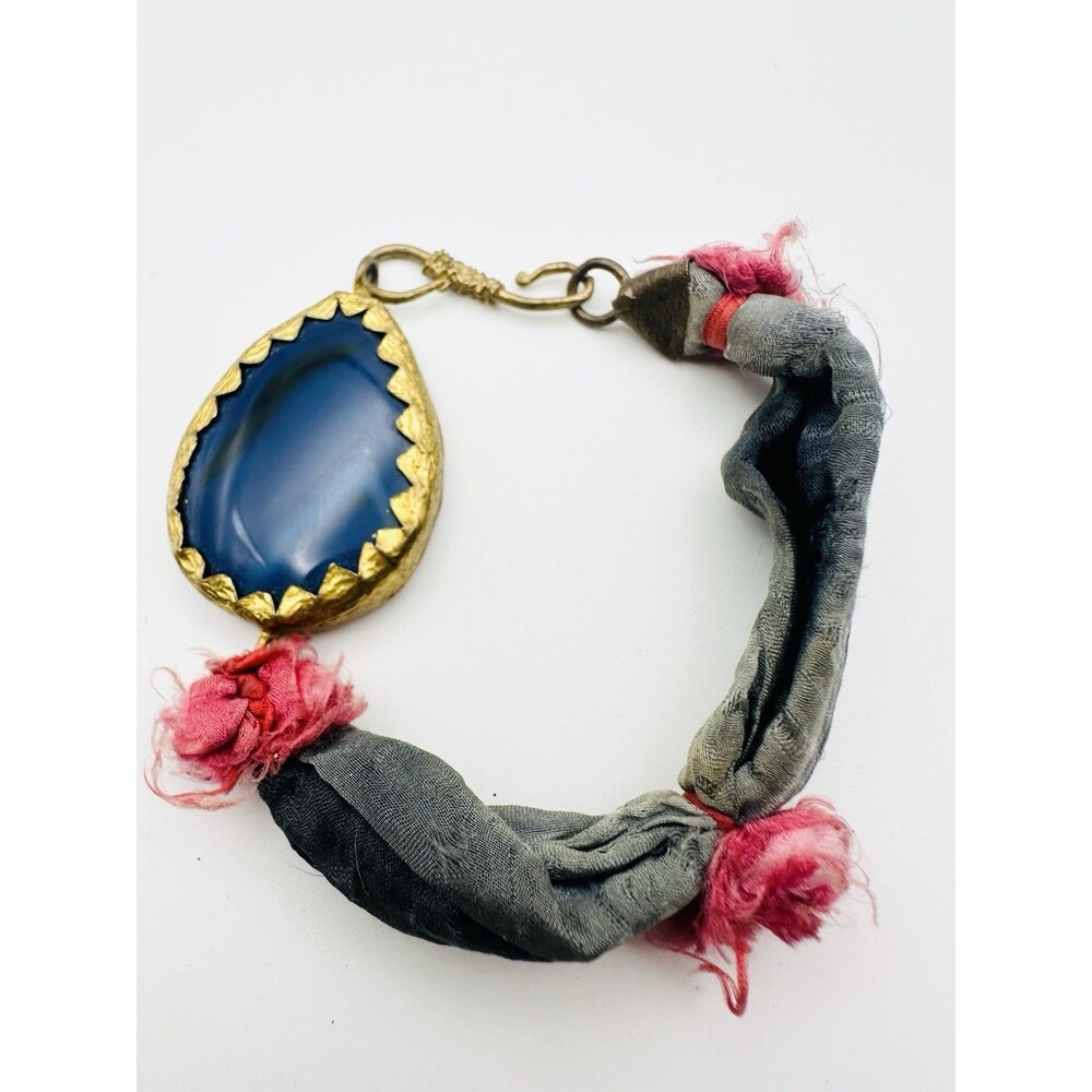 Blue Stone and Satin Silk Bracelet Gold-tone 8.25”